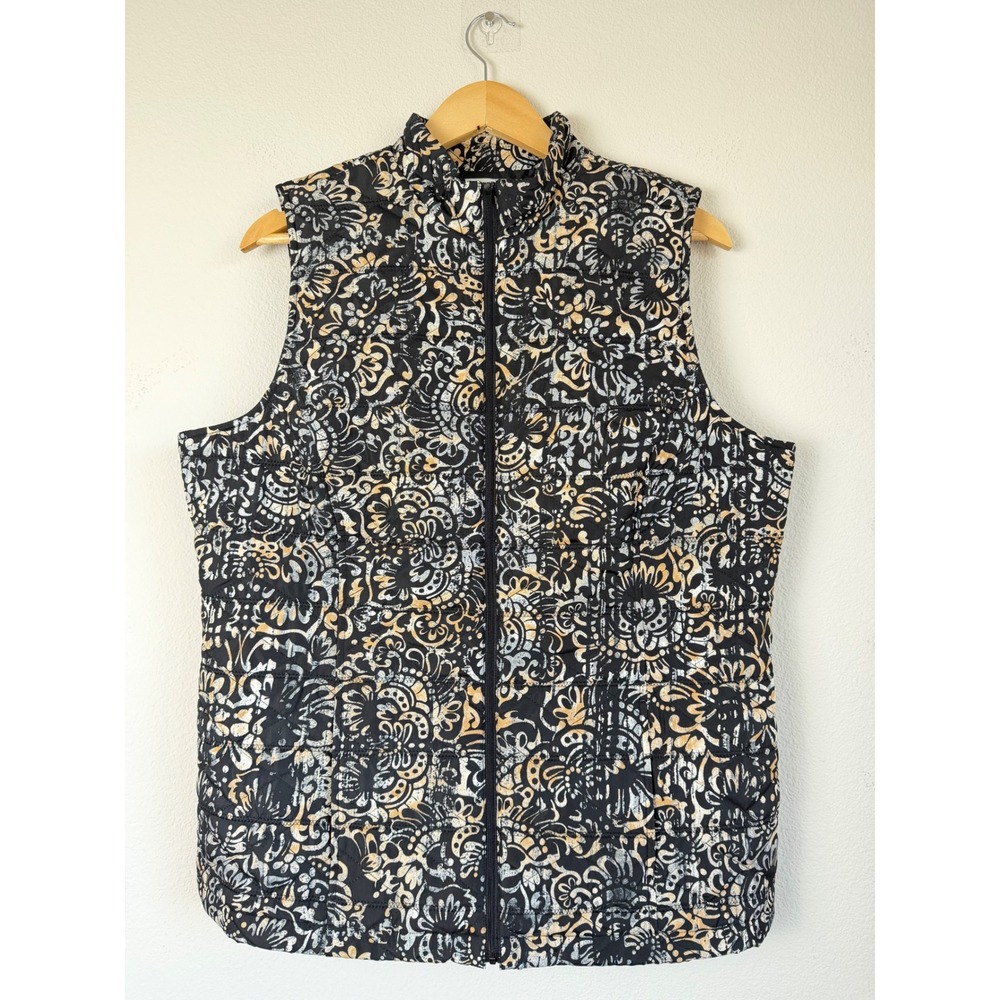 Chico's 2 Women L Quilted Vest Weekends Black Gold Floral Boho Artsy Lightweight